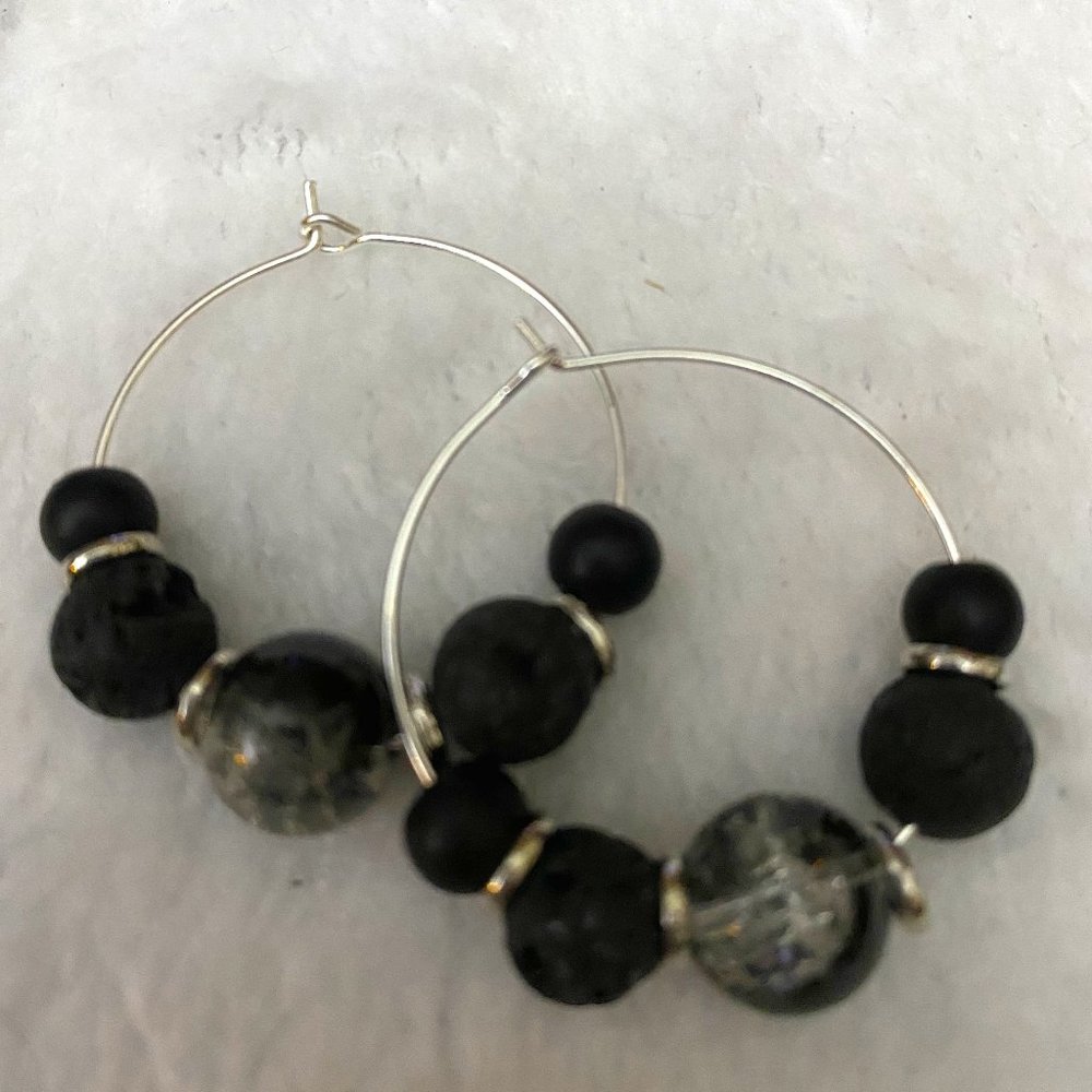 Essential Oil Diffuser Hoop Earrings Black and Silver Handcrafted